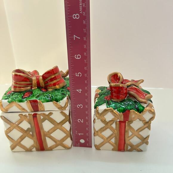 Christmas Candle Set of 3 Hand Painted Ceramic Holiday Gift Box Shaped Candles - Picture 4 of 7